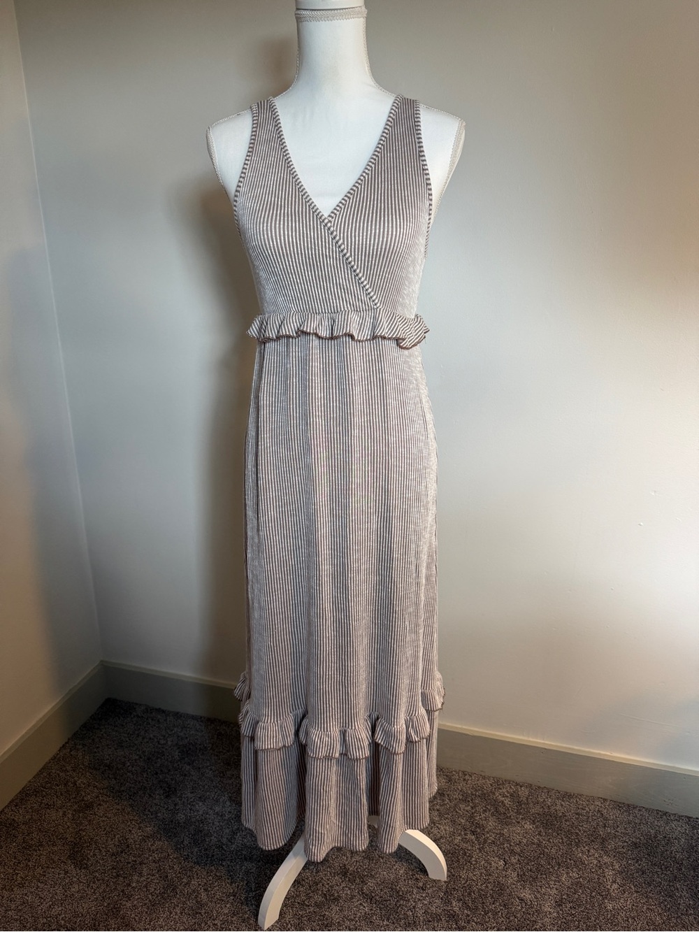 Caution to the Wind Striped Ribbed Ruffle Maxi Dress Size Small Boho